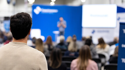 Fototapeta premium Confident Speaker Presenting to Engaged Audience at Professional Seminar in Modern Event Space