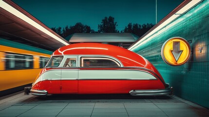 Obraz premium Retro Red and White Streamlined Car at Night Train Station Platform