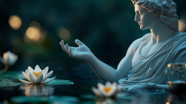 Serene Hypnos Statue Representing the God of Sleep Surrounded by Tranquil Lotus Flowers