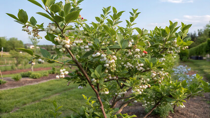 Closeup of Duke variety blueberry bushes loaded with large ripe blueberries on a u-pick farm on a sunny summer day, nutritious organic fruit, part of heathy lifestyle and diet 

