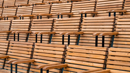 empty wooden classic park benches without people