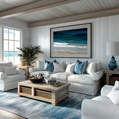 White and aqua beach house lounge with summer feeling