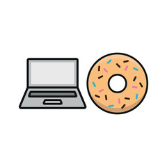 Laptop and doughnut set icon represents playful productivity, tasty breaks, and a fun cozy work vibe.