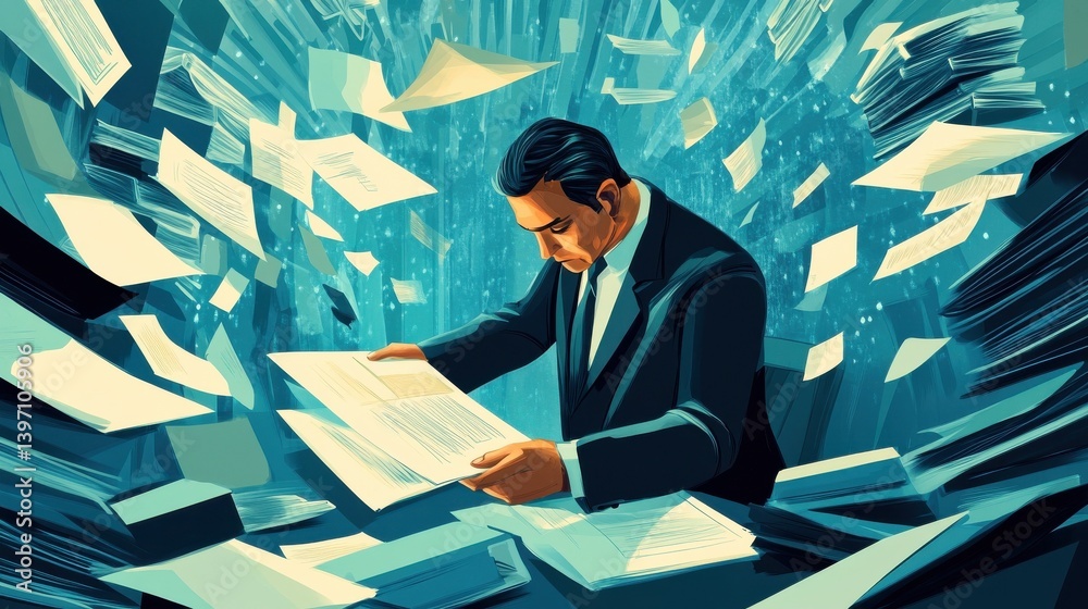 Poster a businessman works with a digital document on a virtual screen using a document management system f
