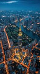Naklejka premium Skyline Symphony: Guangzhou's ZTG Tower, River Lights, Urban Glow at Dusk, China's Architectural Marvel, Skyscrapers & Modern Cityscape