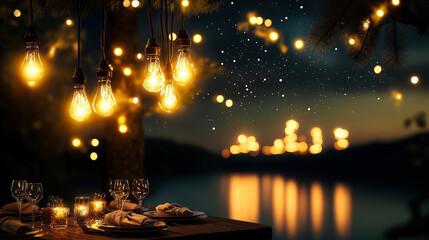 Digital painting of a luxurious outdoor dinner setup under glowing string lights with a scenic night view