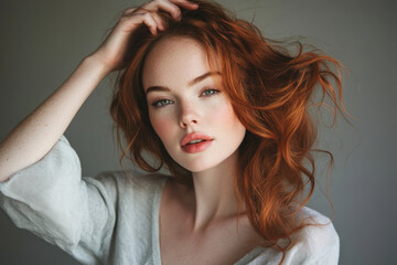 Fototapeta premium Beautiful woman with wavy red hair posing against a neutral background in a soft sweater