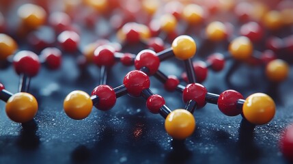 Molecules Red and gold spheres connected by rods on dark, speckled surface. Shallow depth of field