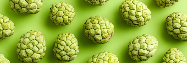 Fototapeta premium A vibrant arrangement of green, textured fruits on a bright background, showcasing their unique shapes and patterns.