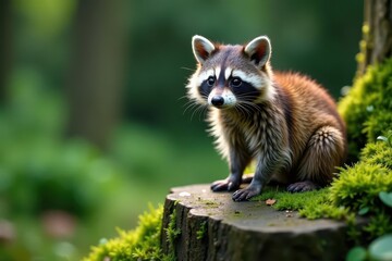 A fluffy raccoon perched on a mossy forest rock , mammal, wildlife