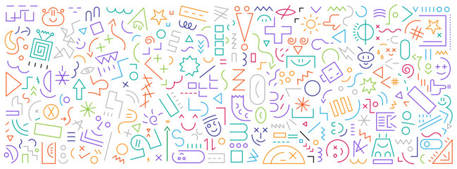  Faces of kids robots video game signs and symbols geometric flat line shapes abstract vector background 