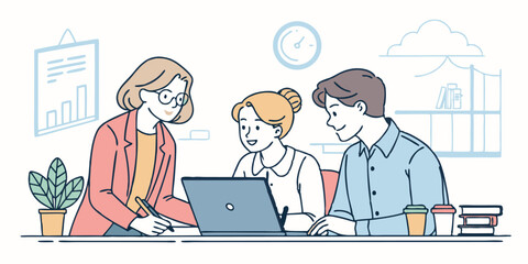 Smiling Colleagues Collaborating on Laptop in Casual Office Setting – Hand-Drawn Style Illustration of Teamwork and Friendly Business Interaction