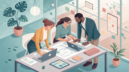 Creative Team Collaboration in Modern Office – Diverse Professionals Working on Business Strategy and Design Project Around Table with Laptops and Documents