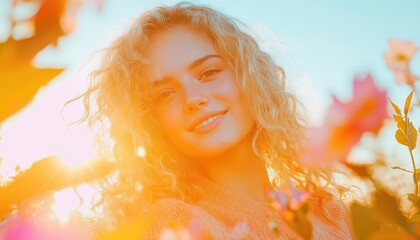 Fototapeta premium Dreamy Pixelated Portrait Of Young Woman Surrounded By Flowers With Curly Blonde Hair And Warm Sunlight With Artistic Flair