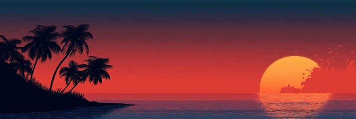 Beautiful landscape of a tropical island with palm trees on the left side. the sky is a gradient of orange and pink, with the sun setting on the right side of the image.