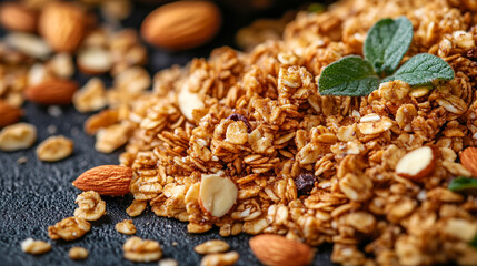Homemade granola with nuts and herbs on black surface
