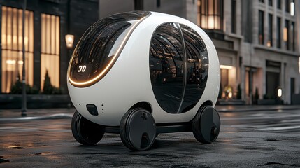 Fototapeta premium Sleek Autonomous Vehicle on a Wet City Street at Night