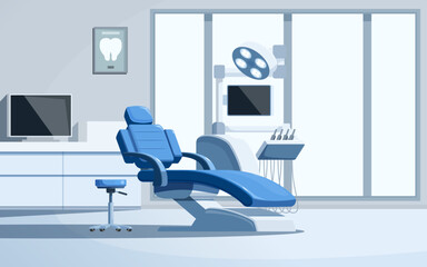 cartoon minimalistic interior of dentist office with furniture and equipment, vector illustration