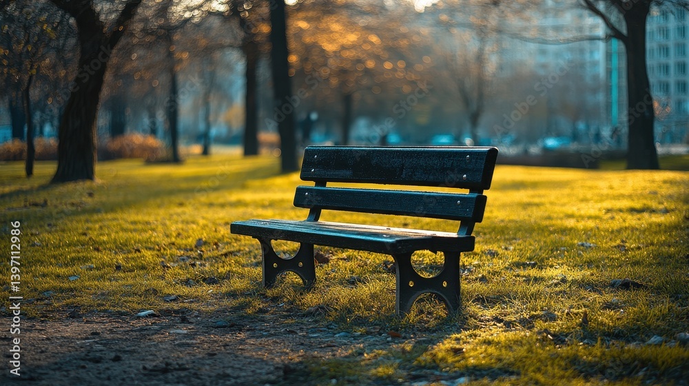 Canvas Prints wooden bench on golden grass in park with blurry trees and building behind. it is good for represent