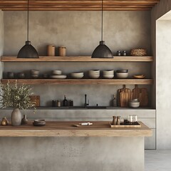 Bright and airy kitchen with shelves, plants, and utensils