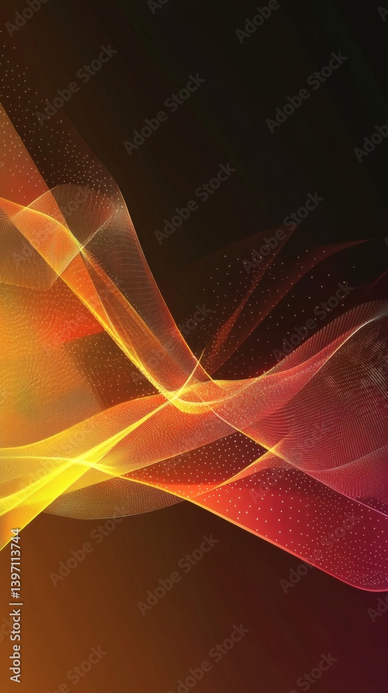Wall mural abstract dynamic waves of vibrant orange and red, illuminated by glowing particles.