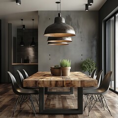 Cozy rustic dining space with industrial style lighting and plants