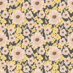 Floral seamless pattern with pink and yellow wild flowers and roses. Retro background with rustic bouquet. Hand drawn botanical illustration in pastel colors