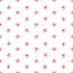 Semple floral seamless pattern with pink flowers. Retro rustic background. Hand drawn botanical illustration in pastel colors.