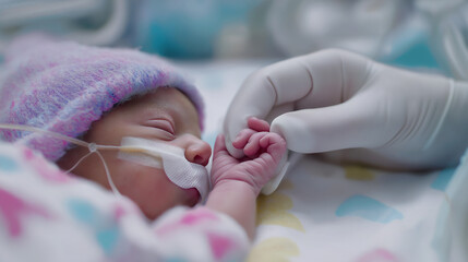 Newborn in neonatal intensive care unit receiving gentle touch and support from a caring health professional