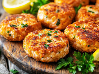 Fototapeta premium Delicious fish cakes served on a wooden platter with garnishes