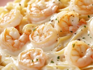 Delicious plate of shrimp fettuccine alfredo garnished with herbs