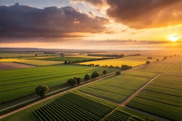 Fototapeta premium Aerial View of Serene Sunset Over Lush Green Farmlands