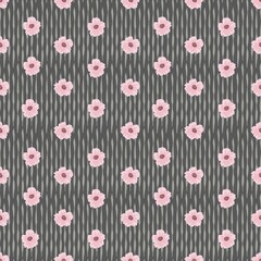 Semple floral seamless pattern with pink flowers. Retro rustic background. Hand drawn botanical illustration in pastel colors.