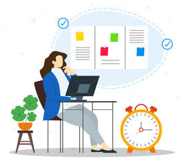 A businesswoman working on computer with project lists on wall board. Deadline job time on work concept. 