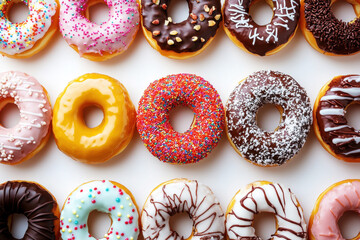 Assorted colorful donuts arranged perfectly on a table