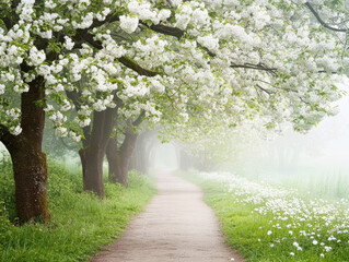 Fototapeta premium Blossoming trees line a quiet path in a foggy park