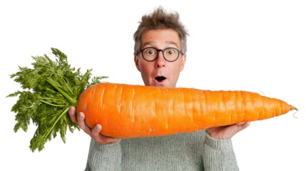 Adult man joyfully holds oversized carrot in a playful display of freshness and fun