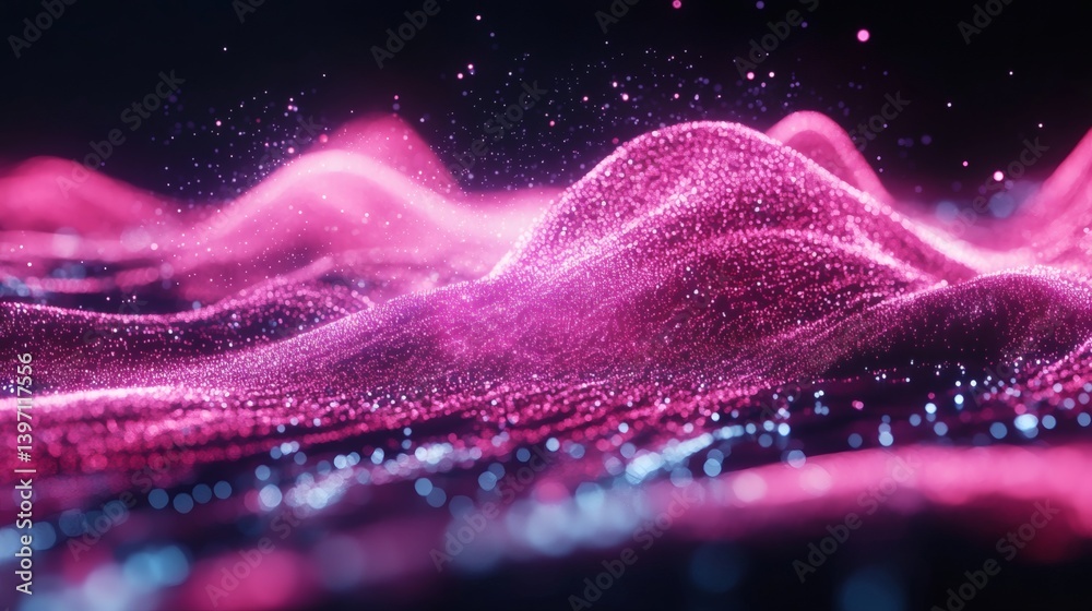 Wall mural a mesmerizing display of pink and blue digital particles forming undulating patterns.