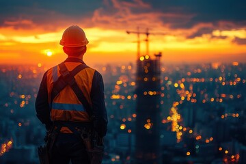 A construction worker with a hard hat and safety vest building a skyscraper, holding a toolbox and wearing work gloves.
