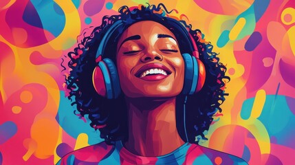 international womens day portrait happy young genz black woman listening to music colorful background digital illustration illustration