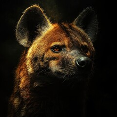 Obraz premium Hyena face close-up with intense glowing eyes and fur illuminated by golden light in dark atmosphere. Generative by AI