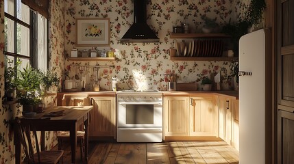 Morning light in vintage-style kitchen with floral wallpaper and wood
