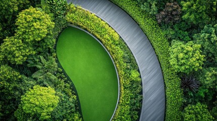 Elevated view of a meticulously landscaped park. Lush green grass, manicured hedges, and curving pathways wind through a dense forest