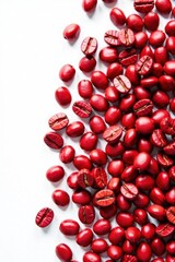 Vibrant red coffee beans, pristine white backdrop , close-up, red coffee beans, product