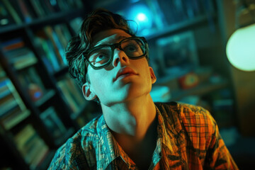 Obraz premium Young man in glasses gazes up thoughtfully in a colorful library setting during evening hours