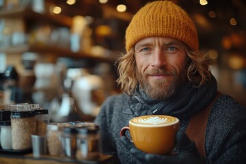 A barista creating latte art in a warm coffee shop setting. Barista, milk pitcher, espresso machine, coffee cup, cozy ambiance.