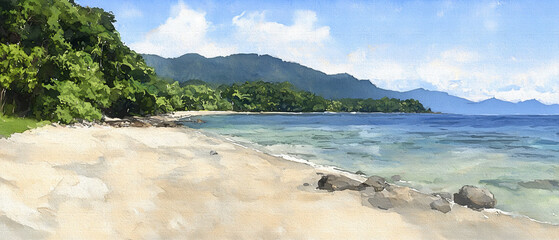Obraz premium Tropical beach scene: white sand, turquoise water, lush green foliage, distant mountains