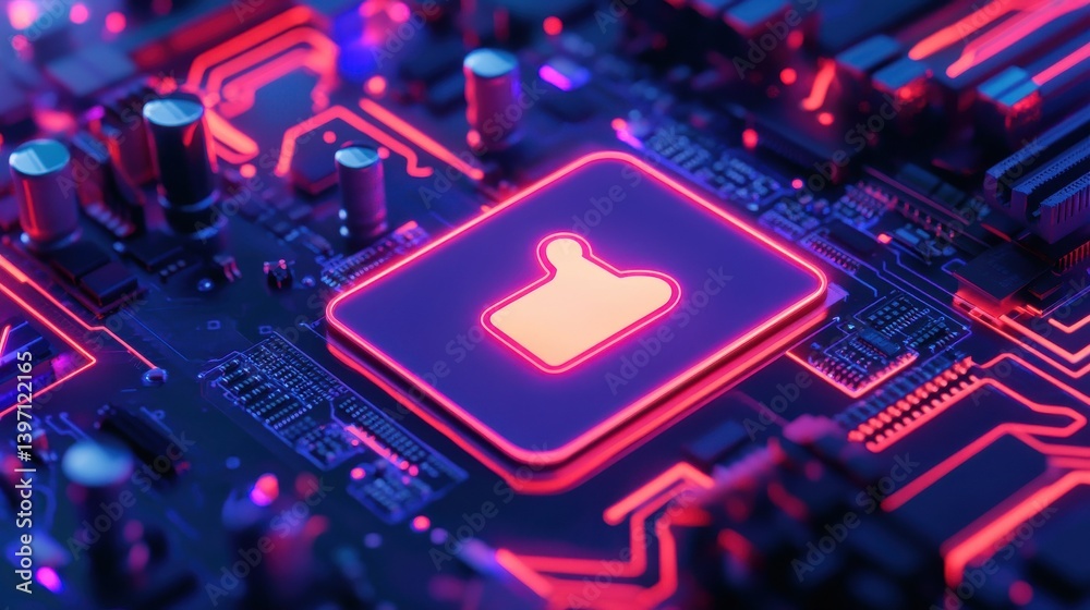 Poster social media technology concept with like symbol on a microchip. white neon data flows between the c
