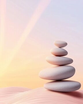 Serene Stacked Zen Stones Against Pastel Sunset, Balancing, Peace, and Mindfulness Concept.