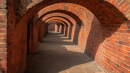 Obraz premium Repeating Red Brick Arches Forming a Long Interior Tunnel Corridor With Perspective and Shadows Creating an Architectural Pattern in Daylight